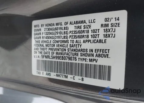 2014 Honda Odyssey Touring/Touring Elite from USA, damaged, VIN 5FNRL5H99EB079076